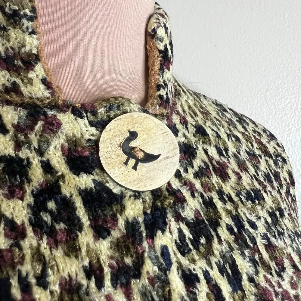 70s Carol Horn Sweater Jacket Large Womens Leopard Chenille Knit Wood Button Vtg
